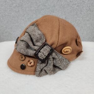 Vintage Y2k Wool Blend Cabby Newsie Boy Brown Cloche Hat Bow Buttons